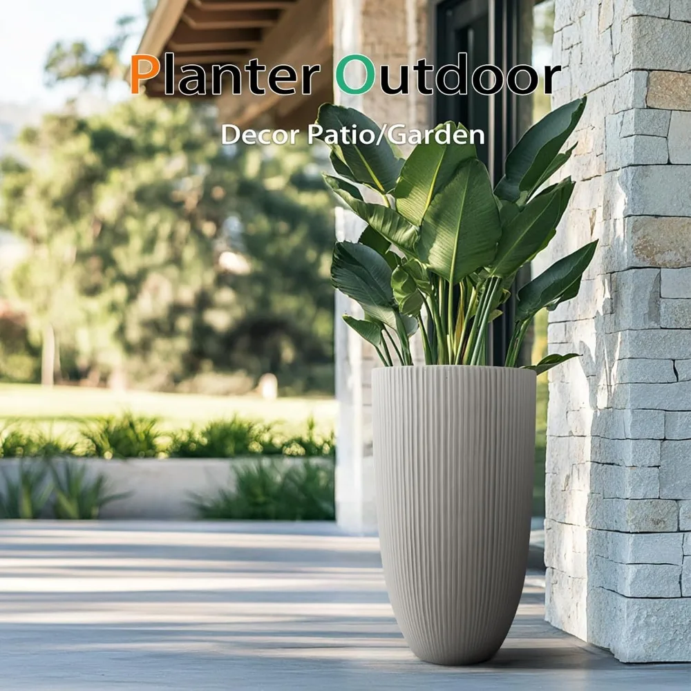 مزارعي خرسانة رمادية عمودية كبيرة للحدائق الخارجية والباحات والشرفات الأمامية - أوعية زهور طويلة بطول 24 بوصة للاستخدام الداخلي