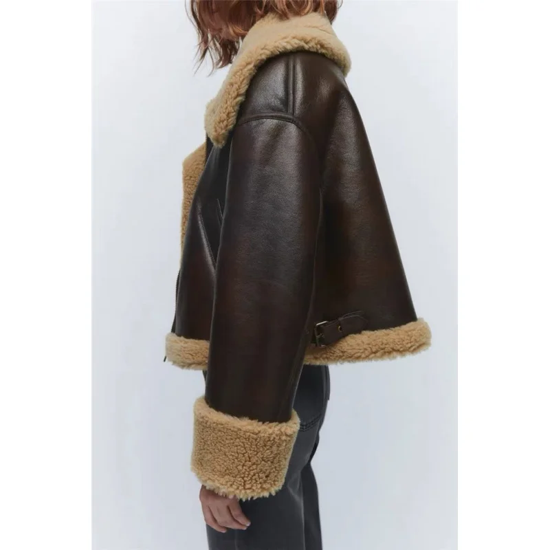 เสื้อแจ็คเก็ตสั้นซิปคอปกพับได้ สีพื้น บุขนหนา สไตล์สตรีทใหม่ ฤดูใบไม้ร่วง-ฤดูหนาว 2025 สำหรับผู้หญิง