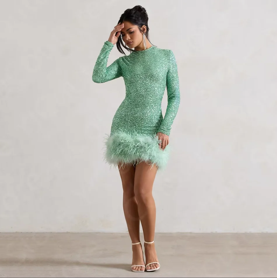 

Сверкающие зеленые платья для выпускного вечера по индивидуальному заказу, вечерние платья с длинными рукавами, пышное платье мини-длины, платье с блестками и перьями, вечерние платья