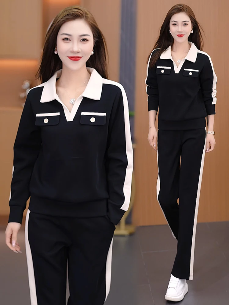 캐주얼 브이넥 슬림 롱 슬리브 와이드 레그 팬츠 투피스 세트 여성용 가을 신상 패셔너블 스포츠웨어