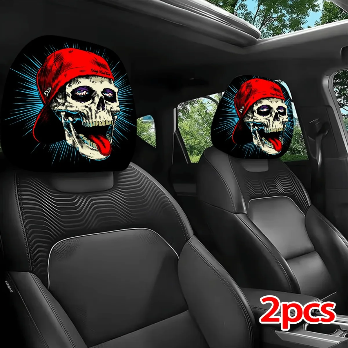 2Pcs Headrest Cover Funny 2Pcs Headrest Covers Horror 2 cool skulls with red headscarf, tongue sticking pattern car head