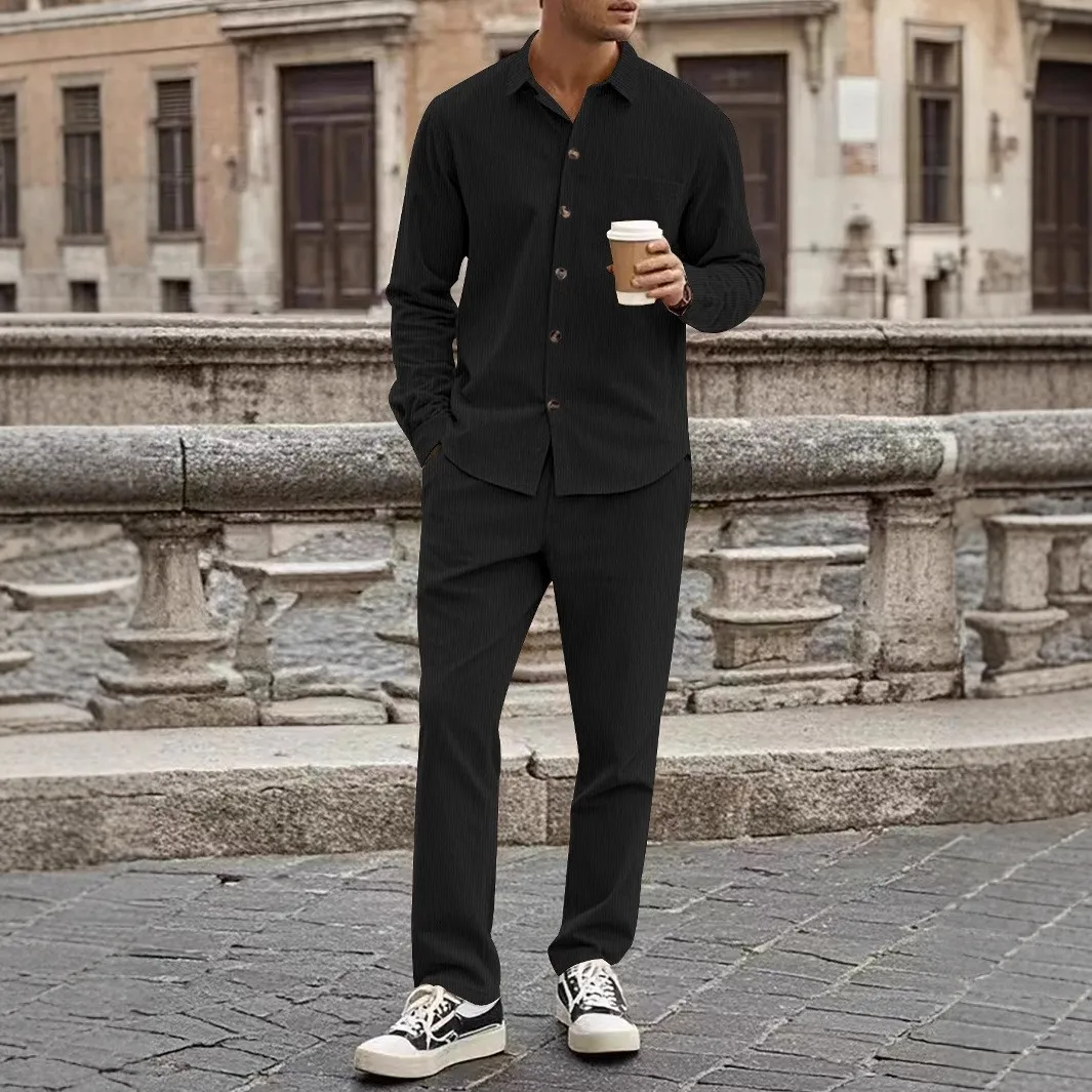Men's Trendy Corduroy Spring/Autumn Style Casual Buttoned Long-Sleeved Jacket And Pants Set for Men
