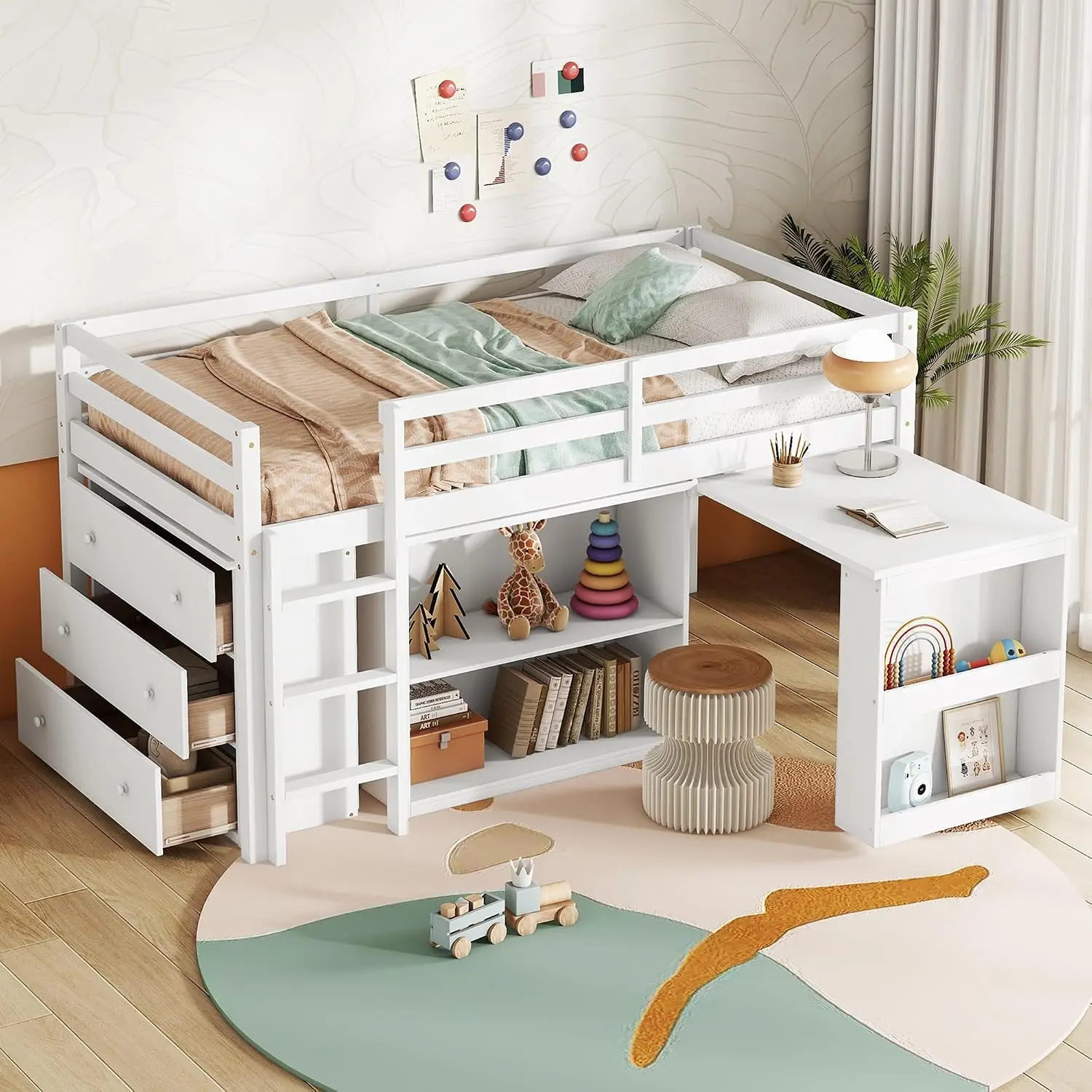 Loft Bed Twin Size, Solid Wood Low Loft Bed with Storage Drawer, Shelf Cabinet and Pulling-Out Desk, Rubber Wood, Customized