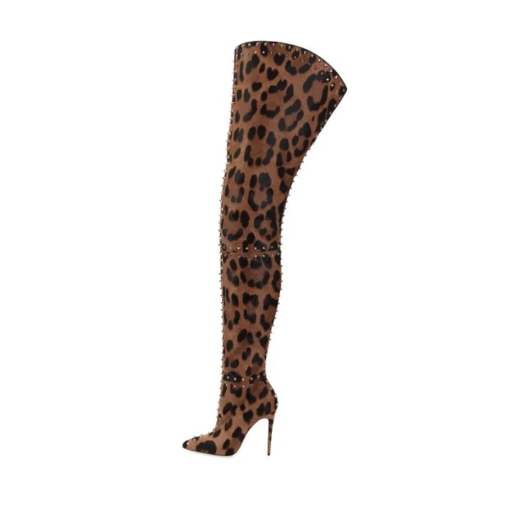 Sexy Style Lepard Pointed Toe Over The Knee Women Boots With Rivets Stiletto High Heels Slip On Design Large Size Shoes