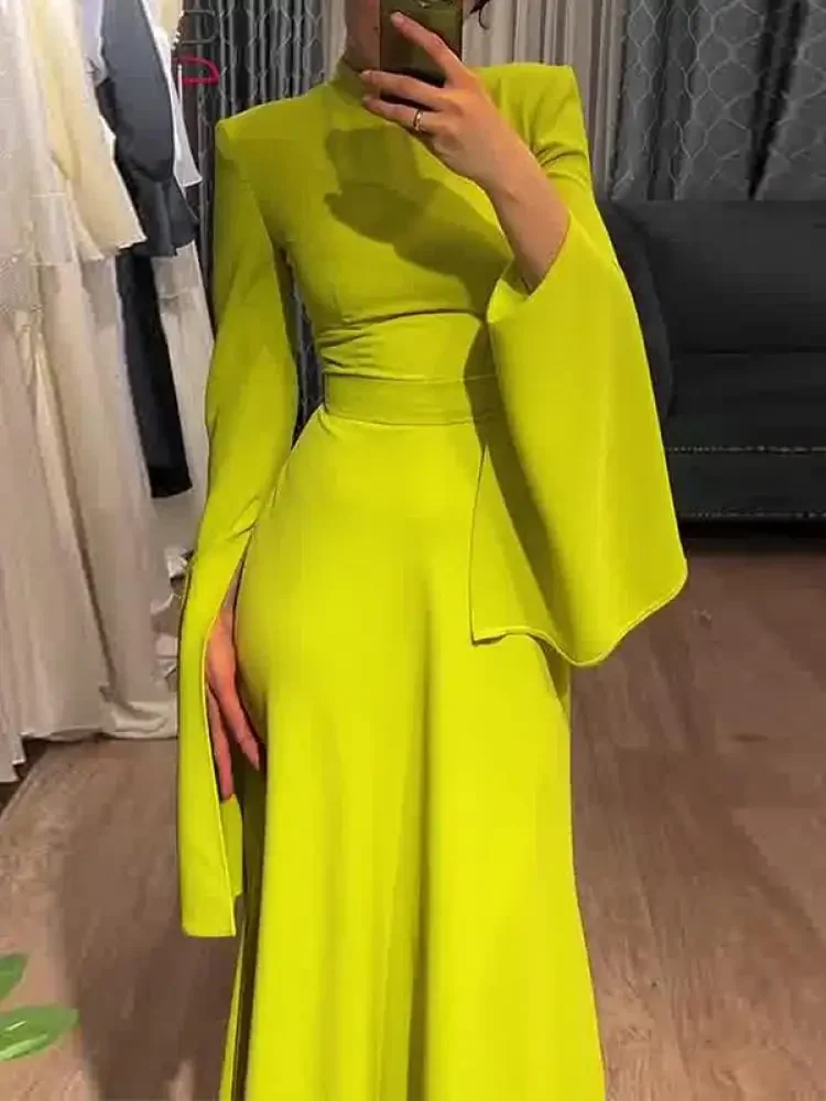 DSMTRC Female Fashion Ruffle Sleeves 2024 New Spring Summer Casual Maxi Dresses Solid Color High-Neck Party Evening A-Line Dress