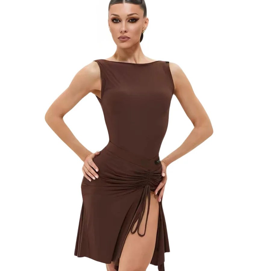 Women's Backless Latin Dance Dress Elegant Sleeveless Ruched Ballroom Performance Costume