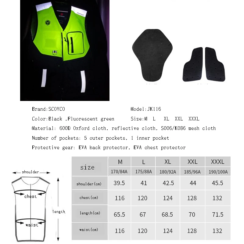 Four Season SCOYCO cross-country Motorcycle riding reflective vest safety 600D Oxford motorbike jacket chest Protective gear