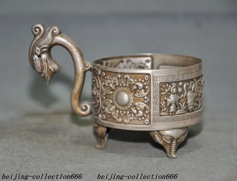 

4 inch Chinese Tibetan Silver Lucky Dragon Dragon Head Text Goblet Wine Glass- Brass animal sculpture