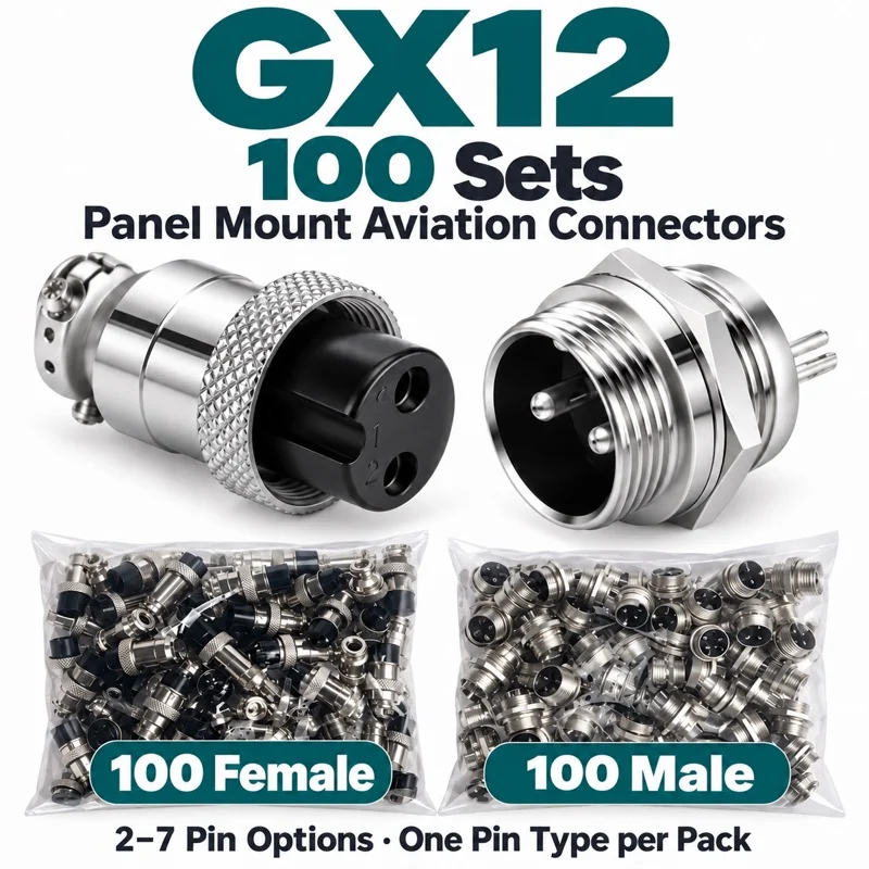 100 Sets GX12 Aviation Connectors 2 3 4 5 6 7 Pin Male Female Panel Mount Plug Socket Metal Screw Lock Solder Wire Bulk Bag Pack
