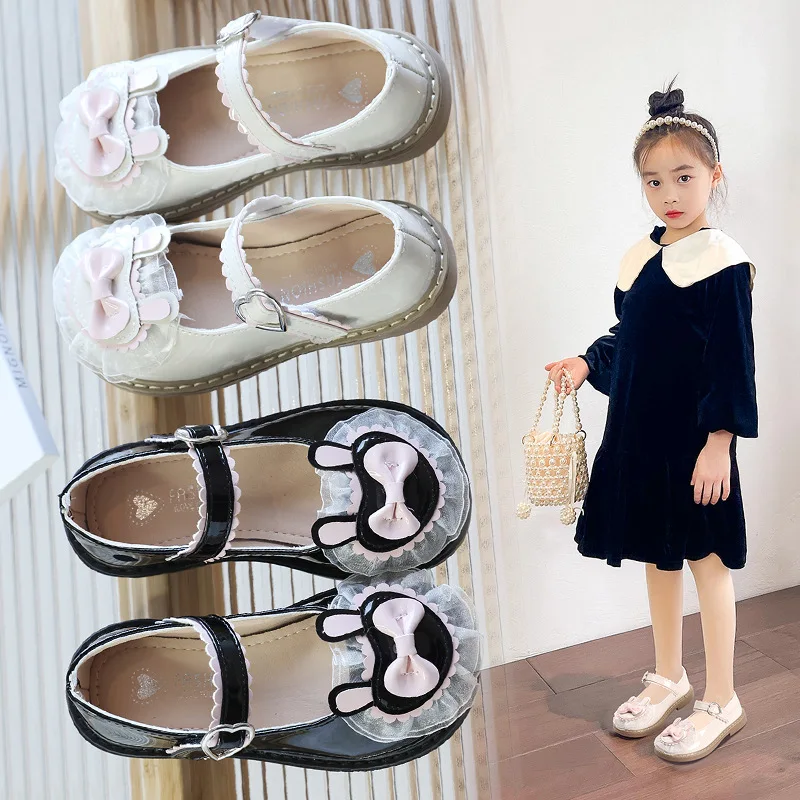 Girls Lolita Shoes New Bowknot Cartoon Rabbit Children Wedding Leather Shoes Round Head Sweet Lace Princess Shoes Kids Flats