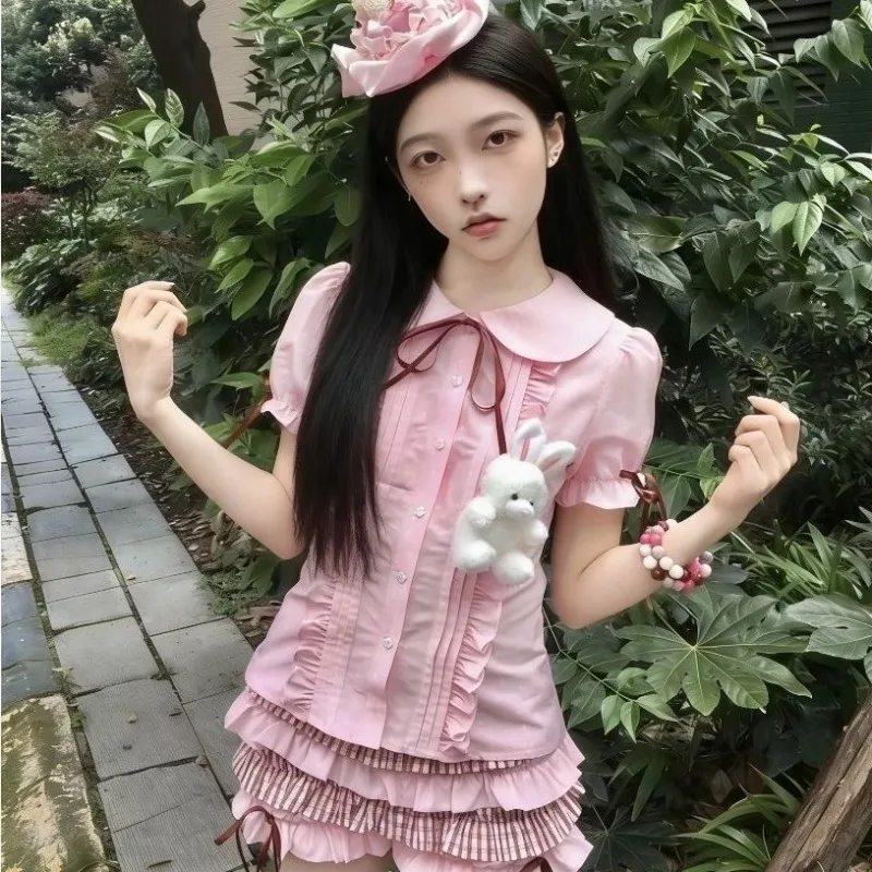 

Summer New Short Sleeved Blouse Womens Lolita Slim Versatile Base Layer Women Clothes Peter Pan Collar Cute Age Reducing Tops