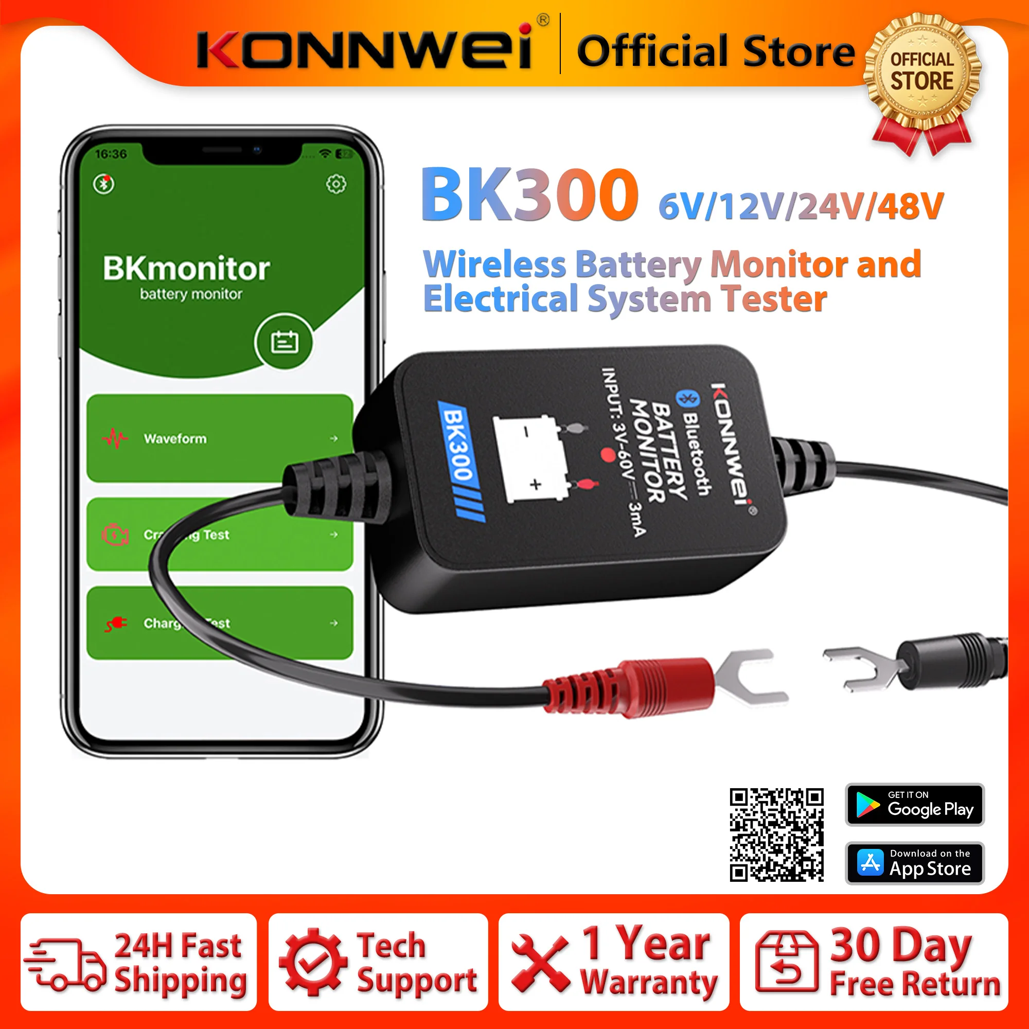 KONNWEI BK300 Wireless Bluetooth Car Battery Monitor Tool 12V 24V Voltage Cranking Charging Test Battery Tester for Android/ios