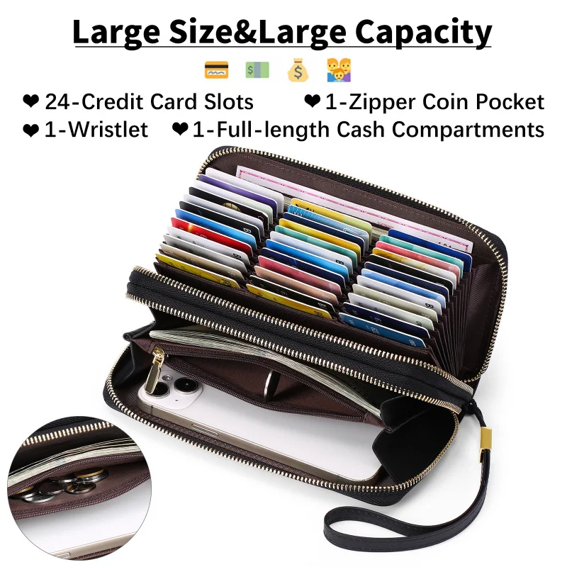 Western RIFD Blocking Long PU Multifunctional Women Wallet Cards Storage Bag Passport Bag Double Zipper Purse for Ladies