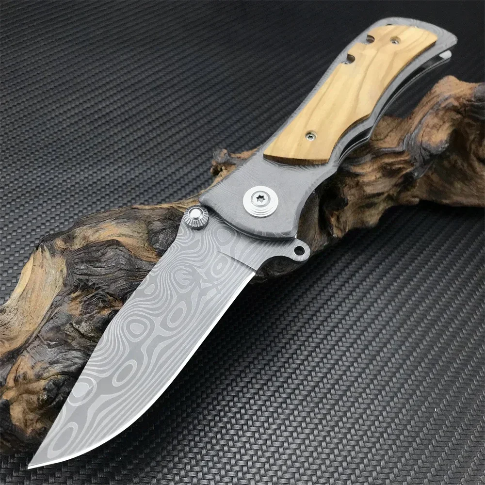 BN 339 Folding Knife Damascus Coating Blade Stainless Steel + Wood Handle Flipper Outdoor Camping Hunting Knives Pocket EDC Tool