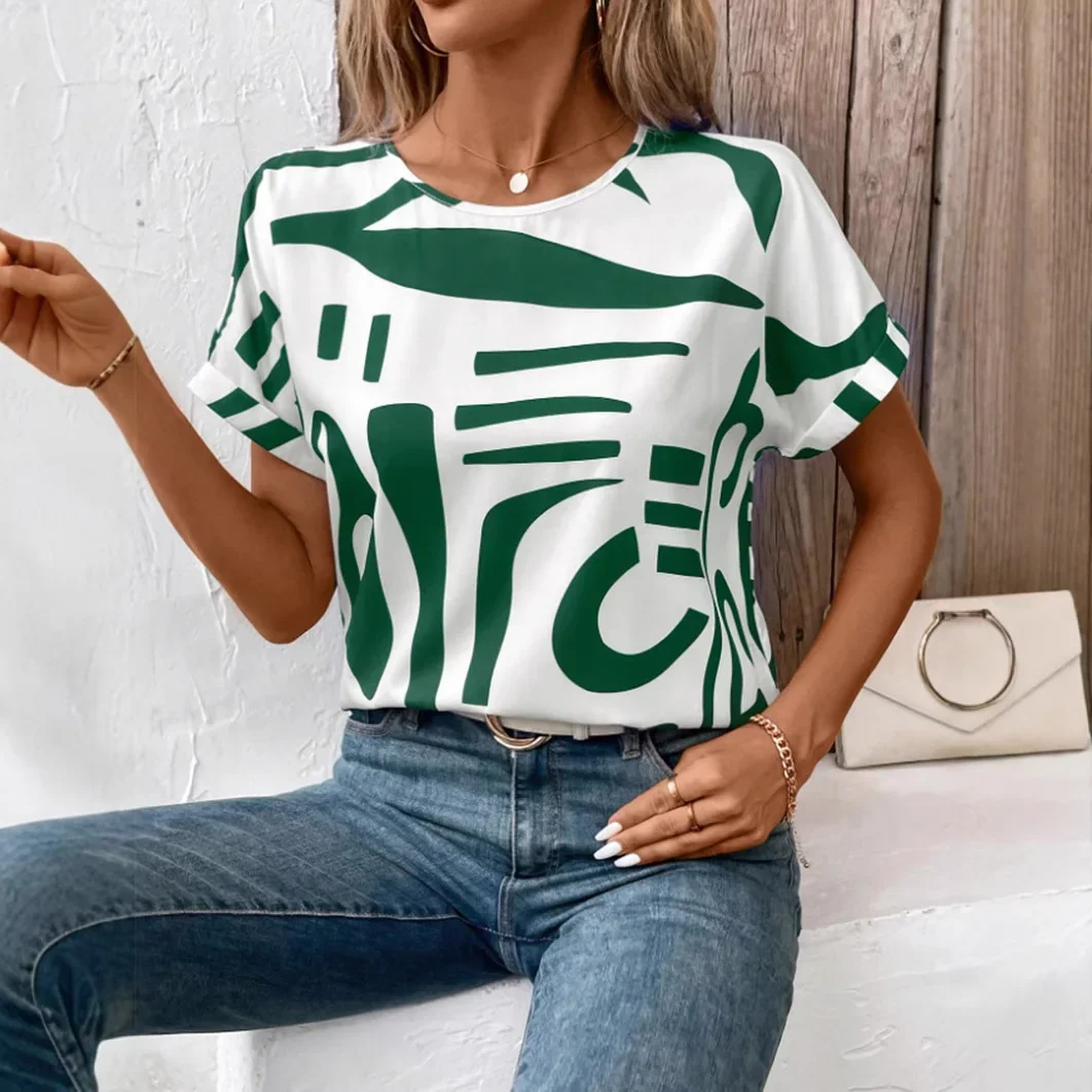 Women Summer Simple Style Blouses Shirts Lady Casual Short Batwing Sleeve V-Neck Printed Blouse Tops  Blouse