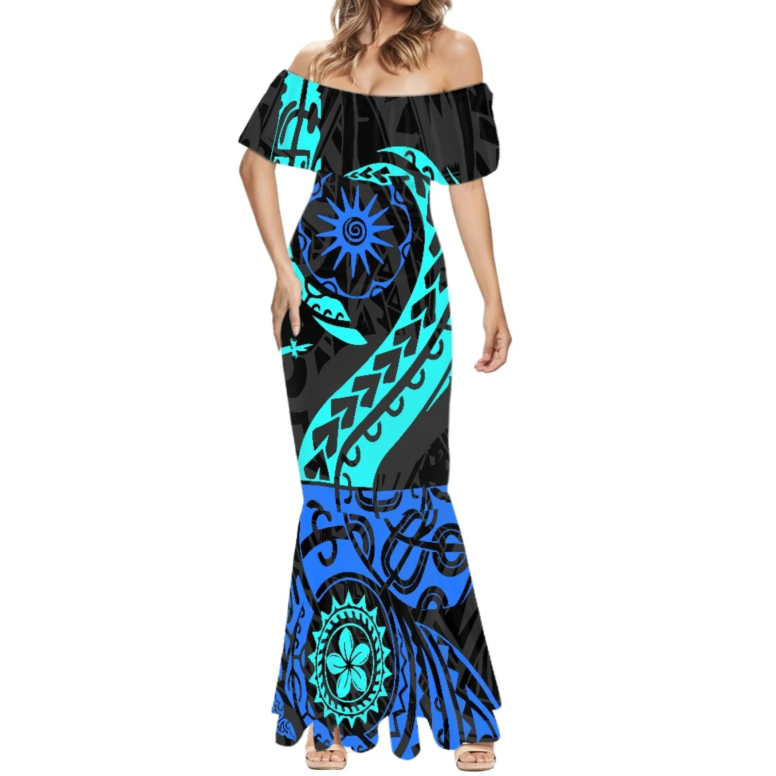 Women's Samoa Hawaiian Tattoos Print Beach Dress Short Sleeve Fishtail Dress Hawaii Summer One-Shoulder Sexy Party Long Skirt