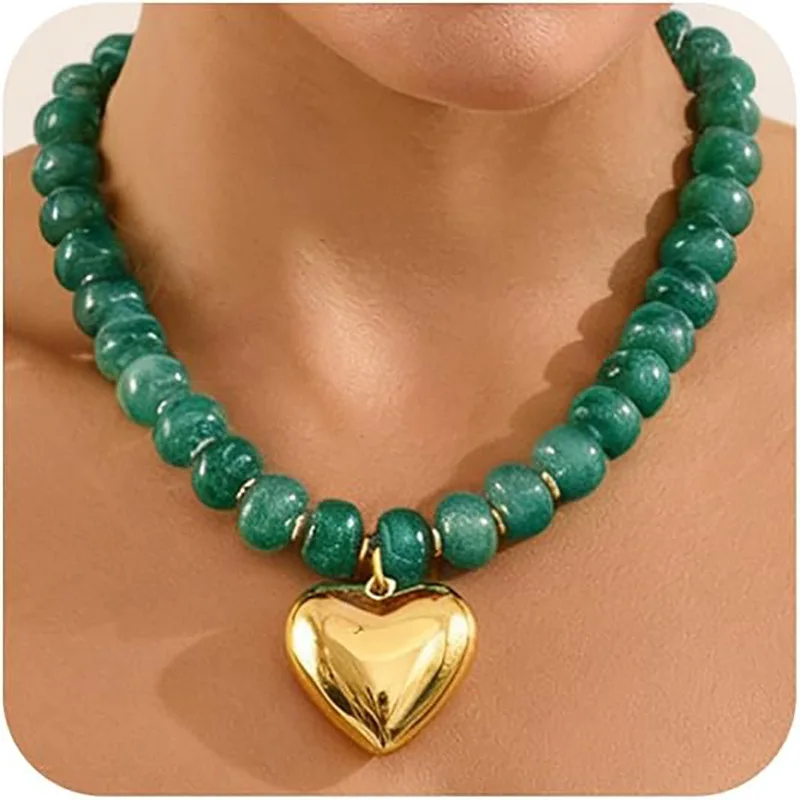 Bohemian Colorful Chunky Resin Beaded Necklace for Women Y2K Trendy Gold Color Puffy Heart Pendant Choker Summer Beach Jewelry view 2