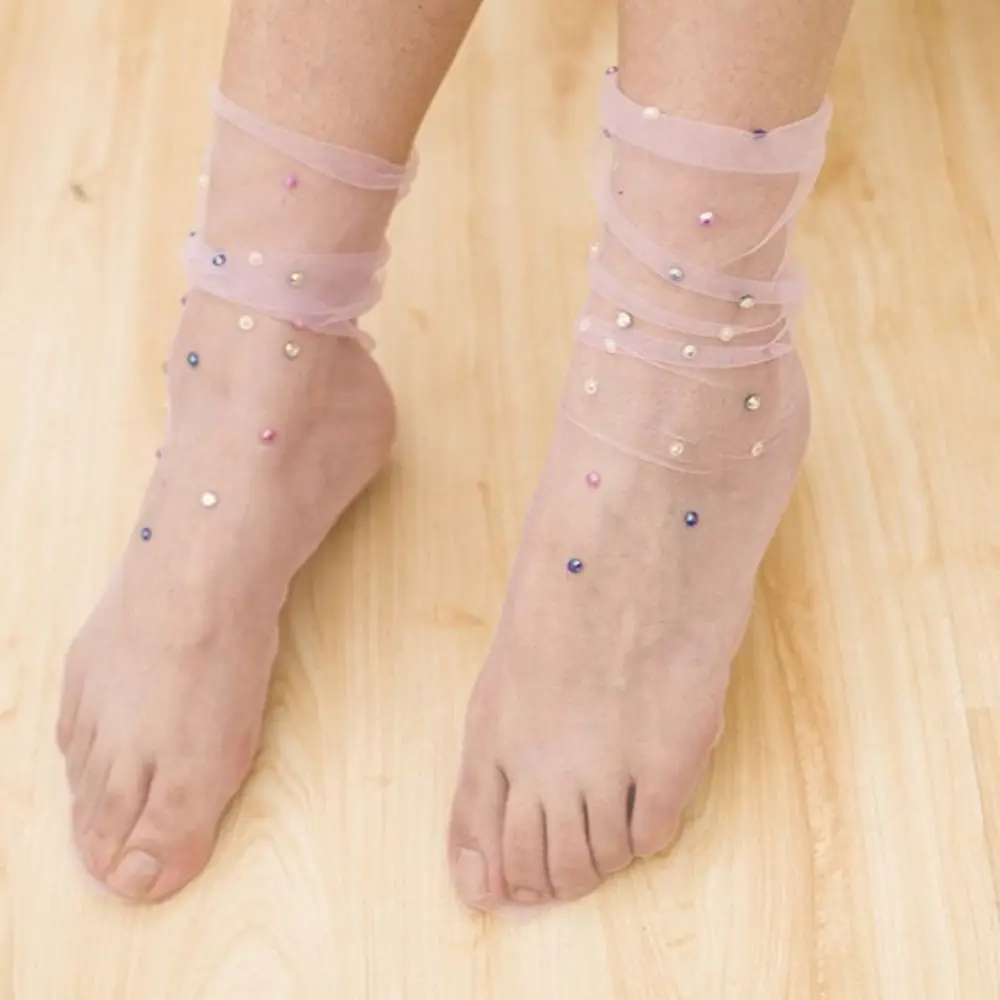 Y2K Harajuku Fashion Summer Ultra-Thin Korean Dress Socks Shine Crystal Tulle Socks Women Mesh Socks Transparent Hosiery