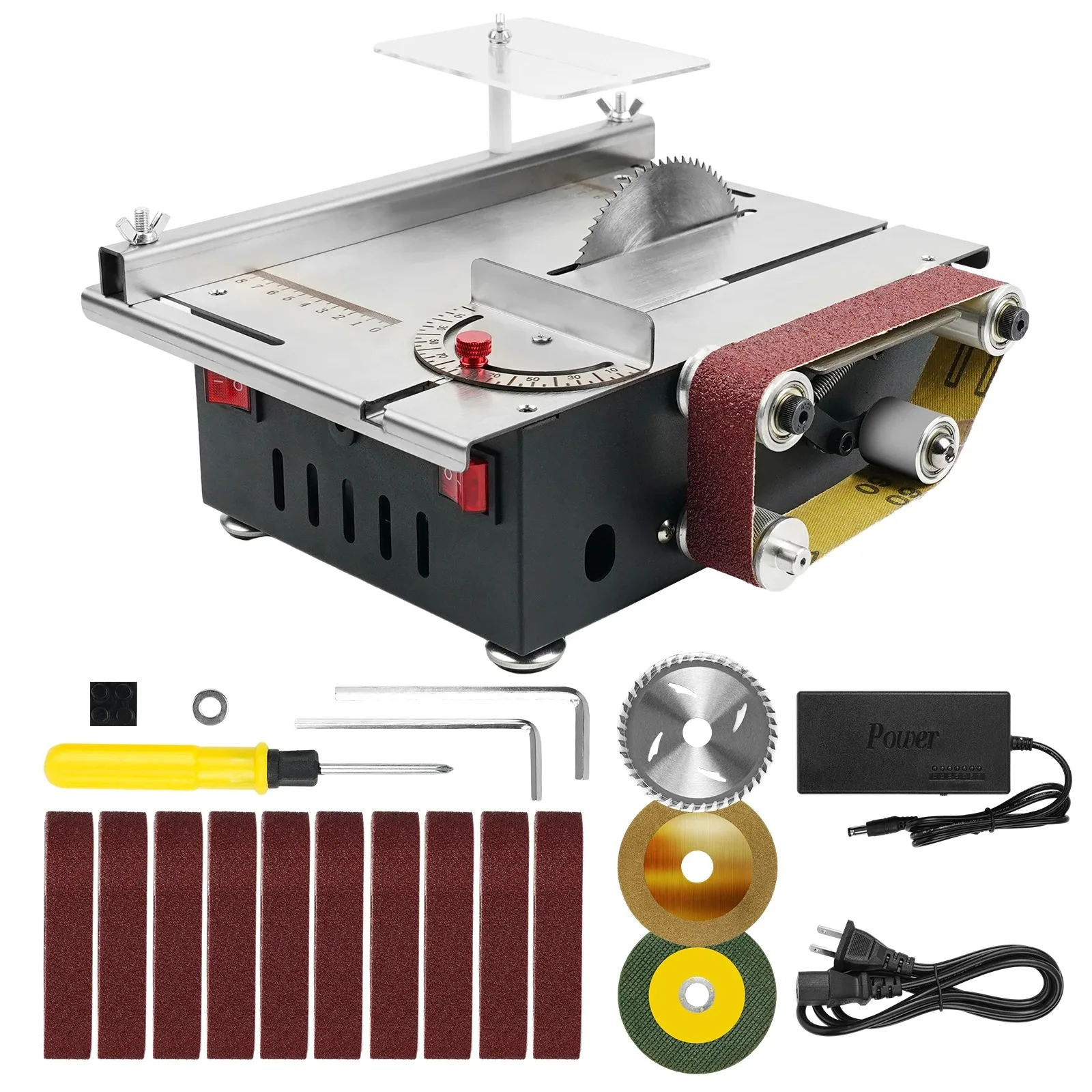 

300w Mini Bench Saw and Belt Sander Variable Speed Circular Table Saw 33mm Cutting Depth DIY Benchtop Sanding Machine with Belts