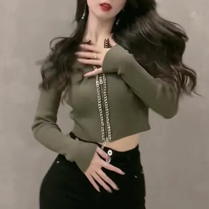 

7306, весенний новый американский стиль, круглый вырез, двойная молния, мягкая кашемировая куртка с регулируемыми плечами и высокой талией, короткий кардиган