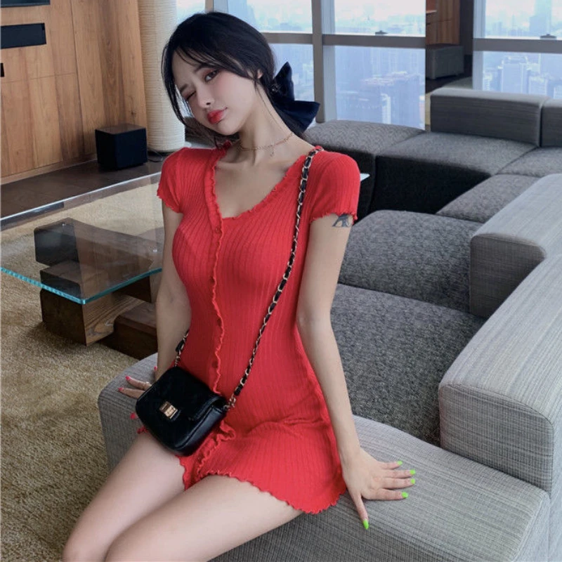 Short Sleeve Dresses Women Slim V-neck Button Mini Solid Summer New High Waist Sexy Sweet Holiday Korean Style Chic Club Hot Ins