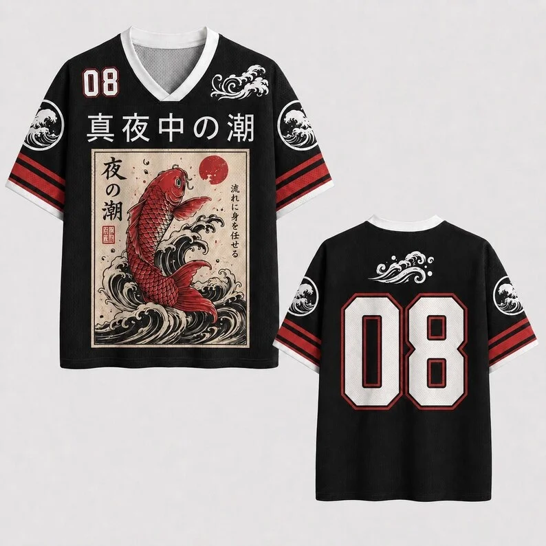 Japanese Koi Night Tide Theme Set Shirt for Adults and Children, Loose Breathable Short Sleeves, Casual Sports Shorts