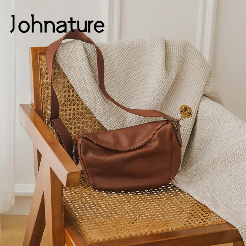 Johnature Simple Solid Color Hobos Genuine Leather Women Bag 2024 New Natural Soft Real Cowhide Casual Shoulder & Crossbody Bags