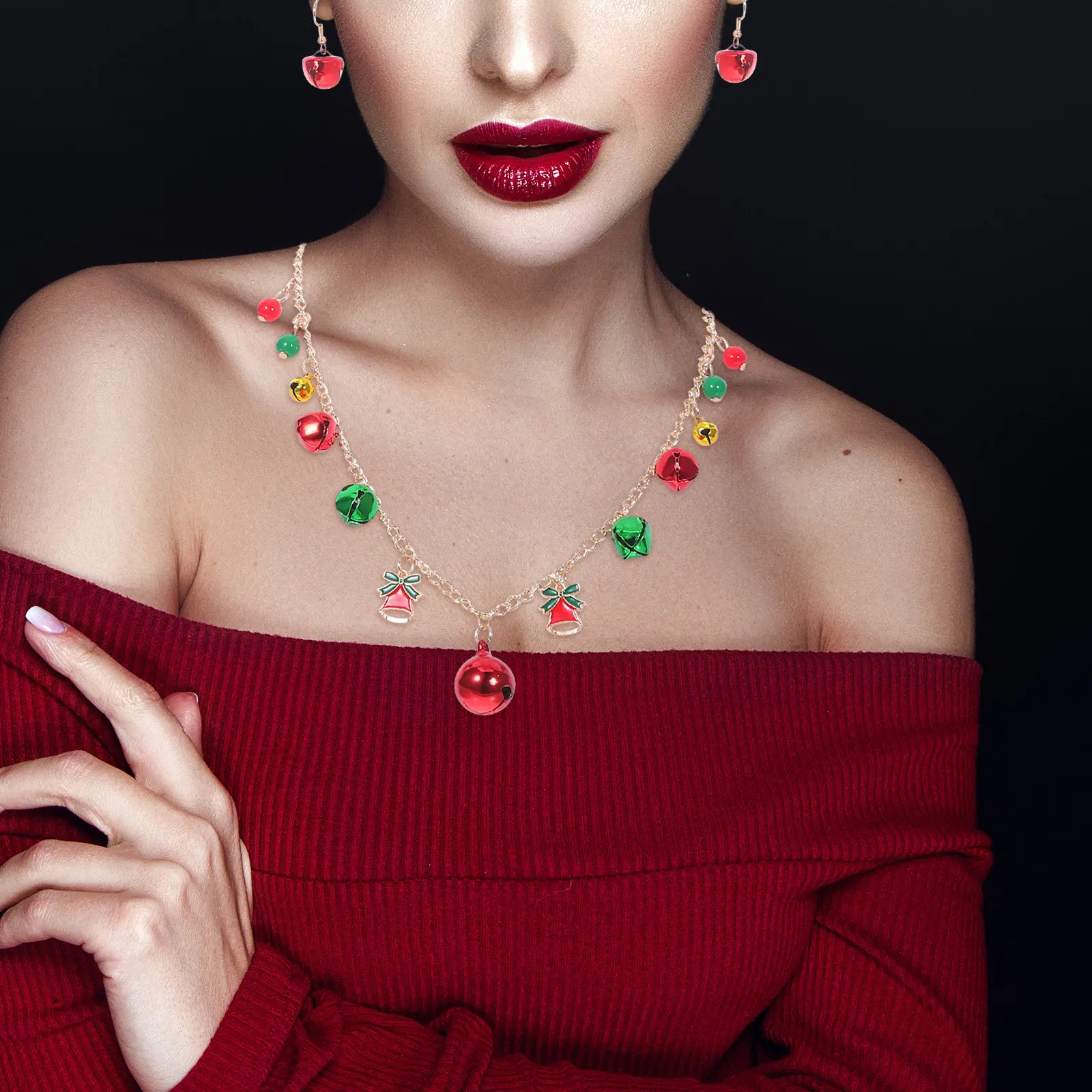 1Set Christmas Bell Jewelry Set for Women Festive Jingle Bell Necklace Bracelet Earrings Holiday Party Accessories Xmas Gift