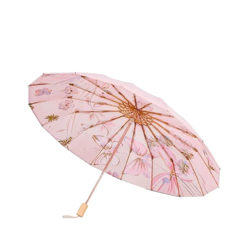 1pc 16 Ribs Retro Oil Painting Umbrella Thick Durable Folding Color Coated Sunshade UV Protection Parasol