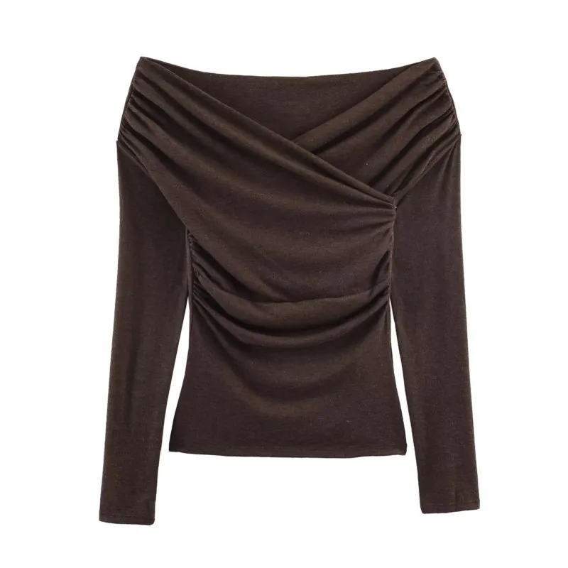 Top drapeado con cuello sobrepelliz para mujer, camiseta informal de manga larga para primavera y verano, Tops de calle con dobladillo recto para mujer