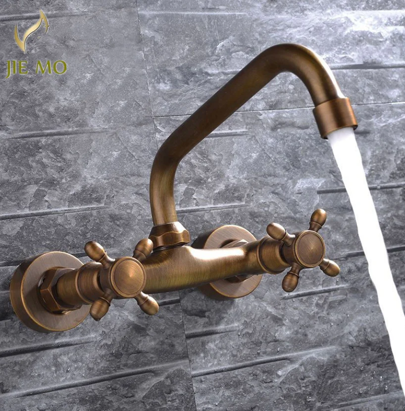 Bronze into the wall wall water all copper antique wall wall cold and hot water can be rotated retro wall hanging faucet