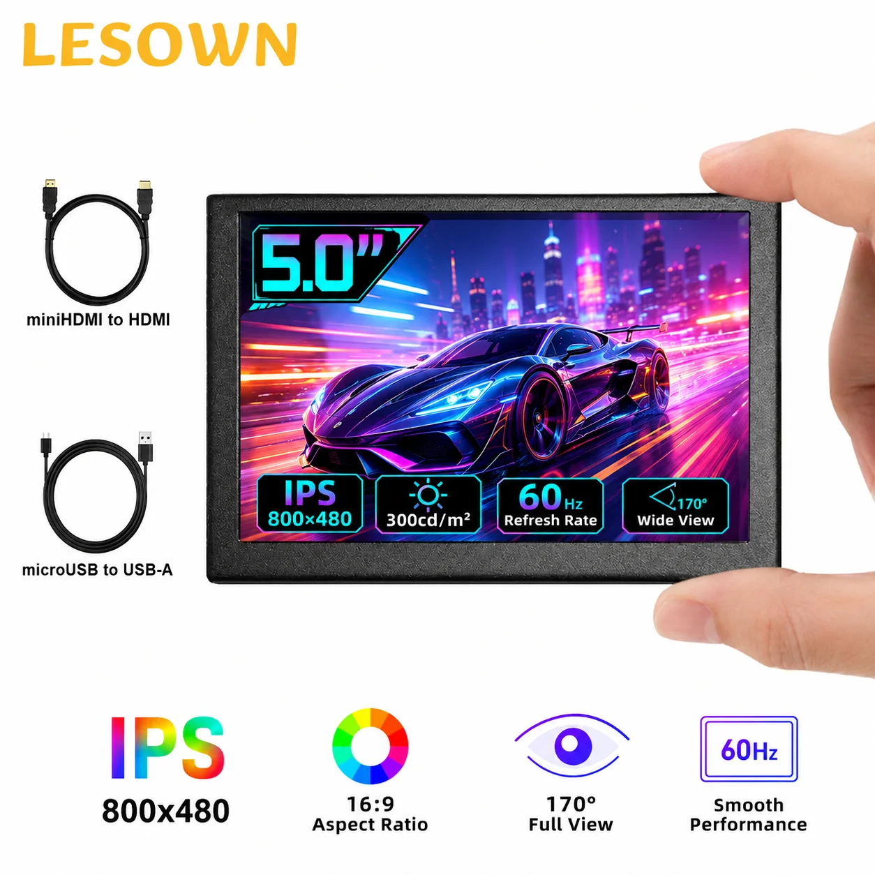 LESOWN 5" Black Extension Display No Driver Mini Gaming Display Xbox PS5 Sub 800x480 HDTV