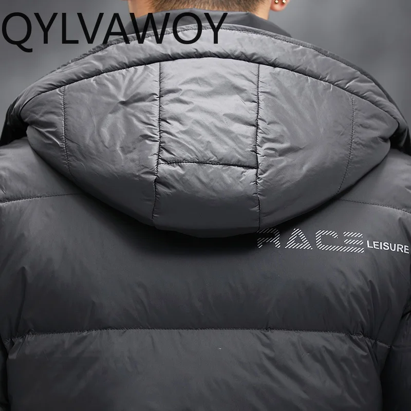 QYLVAWOY 100% Polyester Men's Winter Mid-Length Down Jacket Branded Hooded Outerwear White Duck Down Cold-Proof Thickened LJ2140