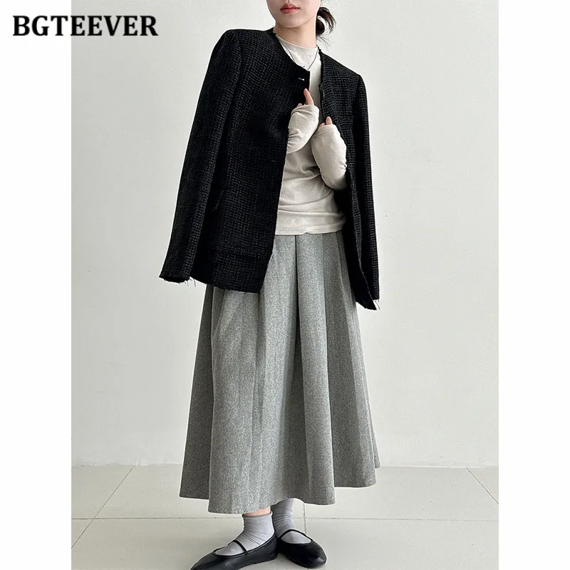 BGTEEVER Stylowe tweedowe marynarki damskie z okrągłym dekoltem, eleganckie, z długim rękawem i kieszeniami, idealne na jesień i zimę.