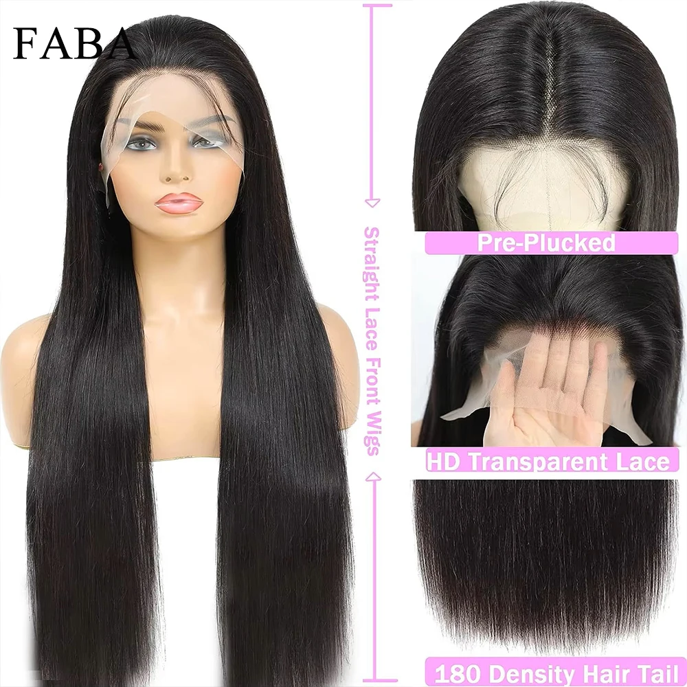 FABA Straight Human Hair Wig 13×4 HD Lace Front Black Straight Brazilian Human Hair Wig with Baby Hair 180% Density for Women