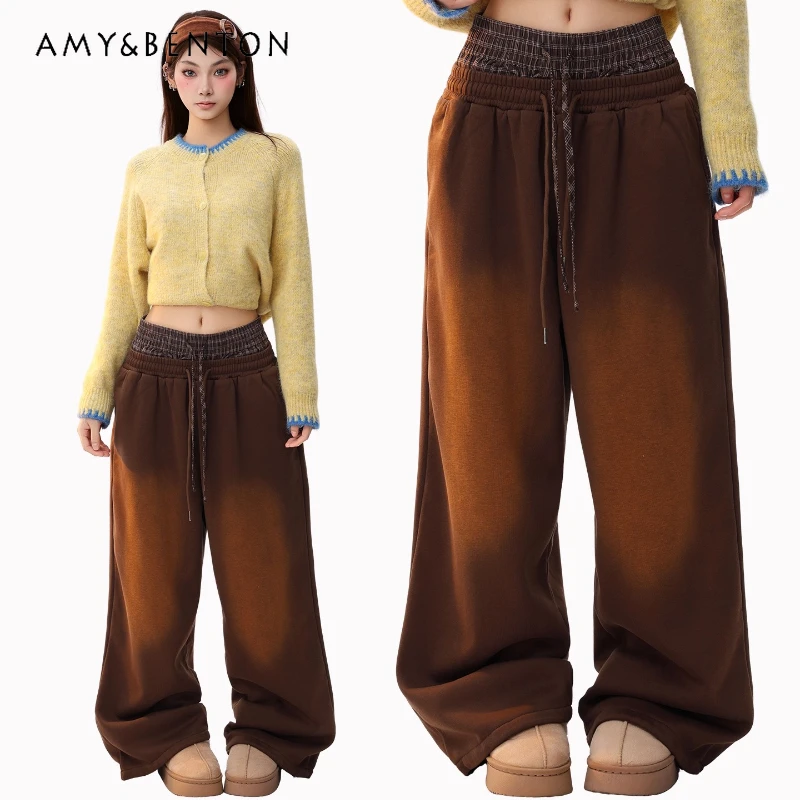

American Retro Layered Fake Two-Piece Plaid Splicing Women's Trousers Autumn Fleece-Lined Warm Casual Straight-Leg Pants Ladies