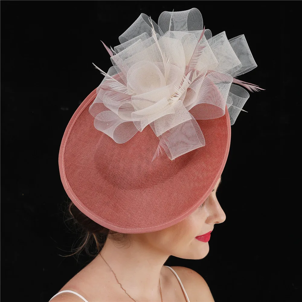 Vintage Big Royal Hair Fascinators For Cocktail Church Hats Elegant Women Fedora Fancy Pink Silk Flower Headwear 2024 New SYF744