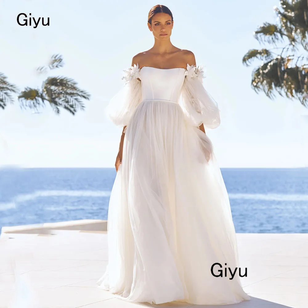 Giyu Fairy 3D Followers Button Wedding Dress For Woman Strapless  A-line Tulle Backless Floor-length Vestidos Novias Boda