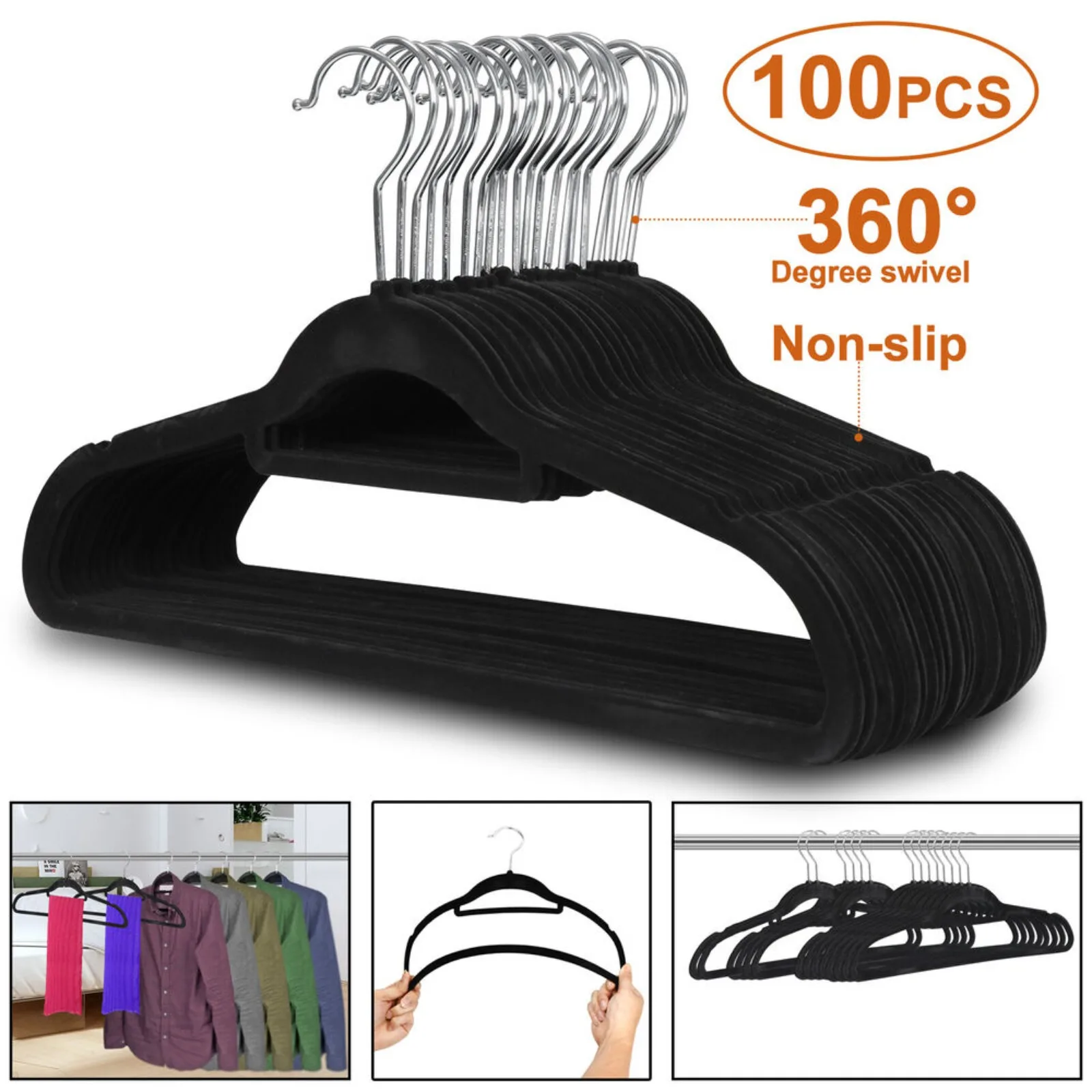 US 100PCS Black Velvet Hangers Non-Slip Clothes Hangers Premium 360° Swivel Hook