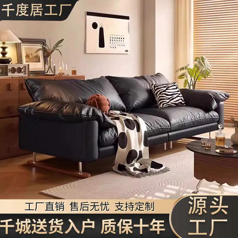 XL Retro Style Genuine Leather Modern Simple Straight Black Sofa Living Room Top Layer Cowhide