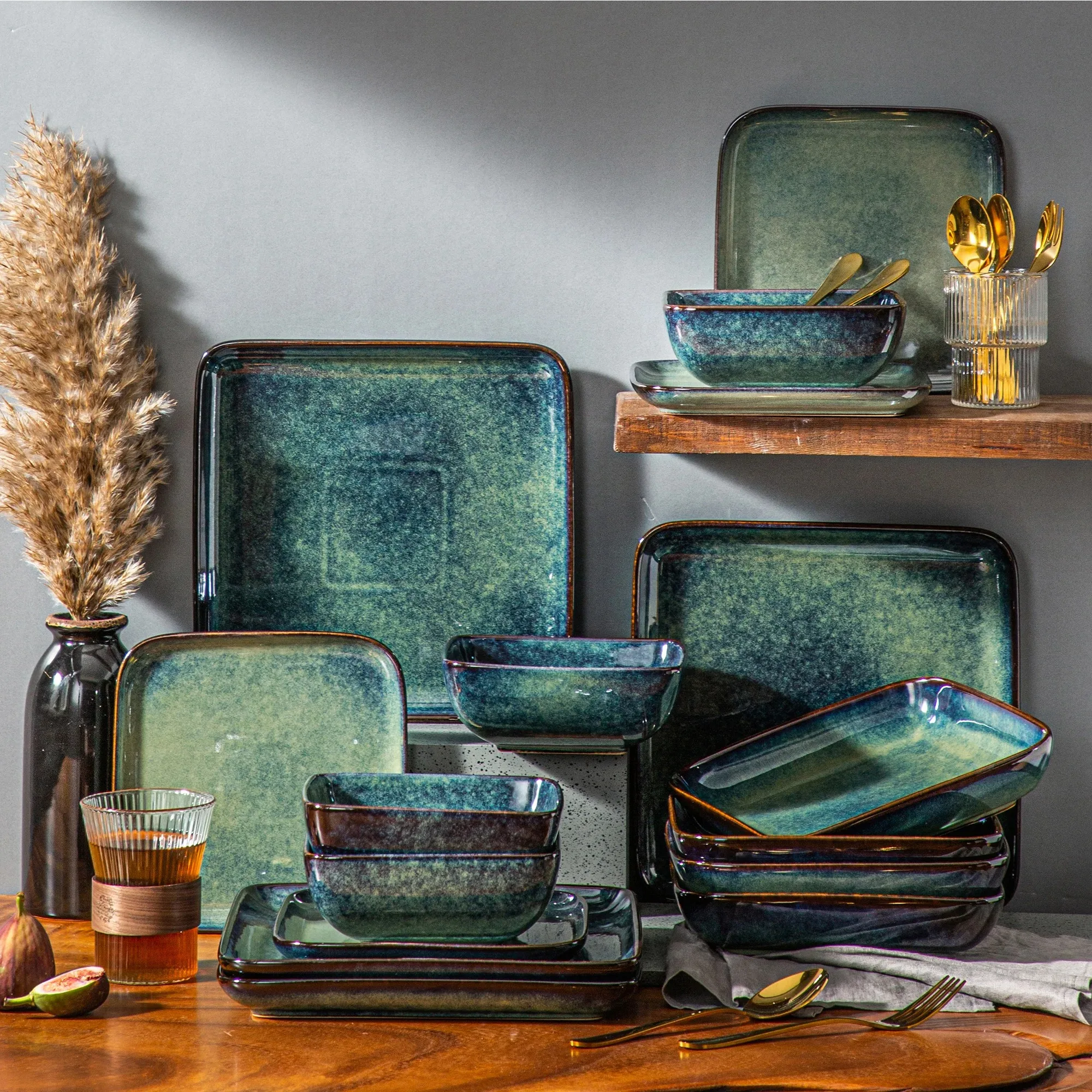 vancasso Stern Dinner Set Groen Vierkant Oven Verandering Glazuur Servies 16-delig Keuken Servies Keramische Servies Set voor 4 personen - afbeelding 2