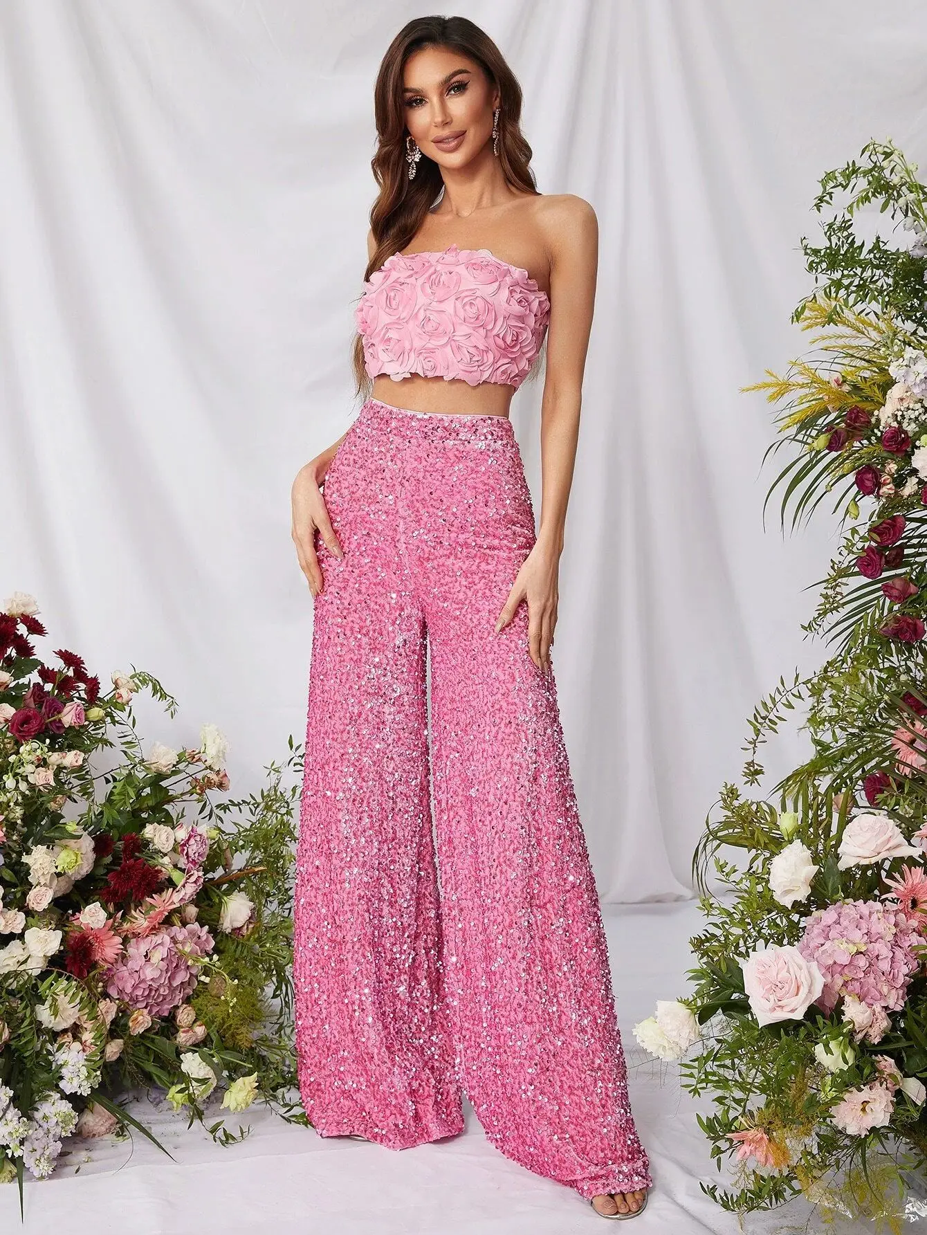 Drunk Sugar Women Sequin Wide Leg Pants Mid Waist Fit Flowy Trousers Casual Draped Long Pants for Spring Summer Daily Outfit