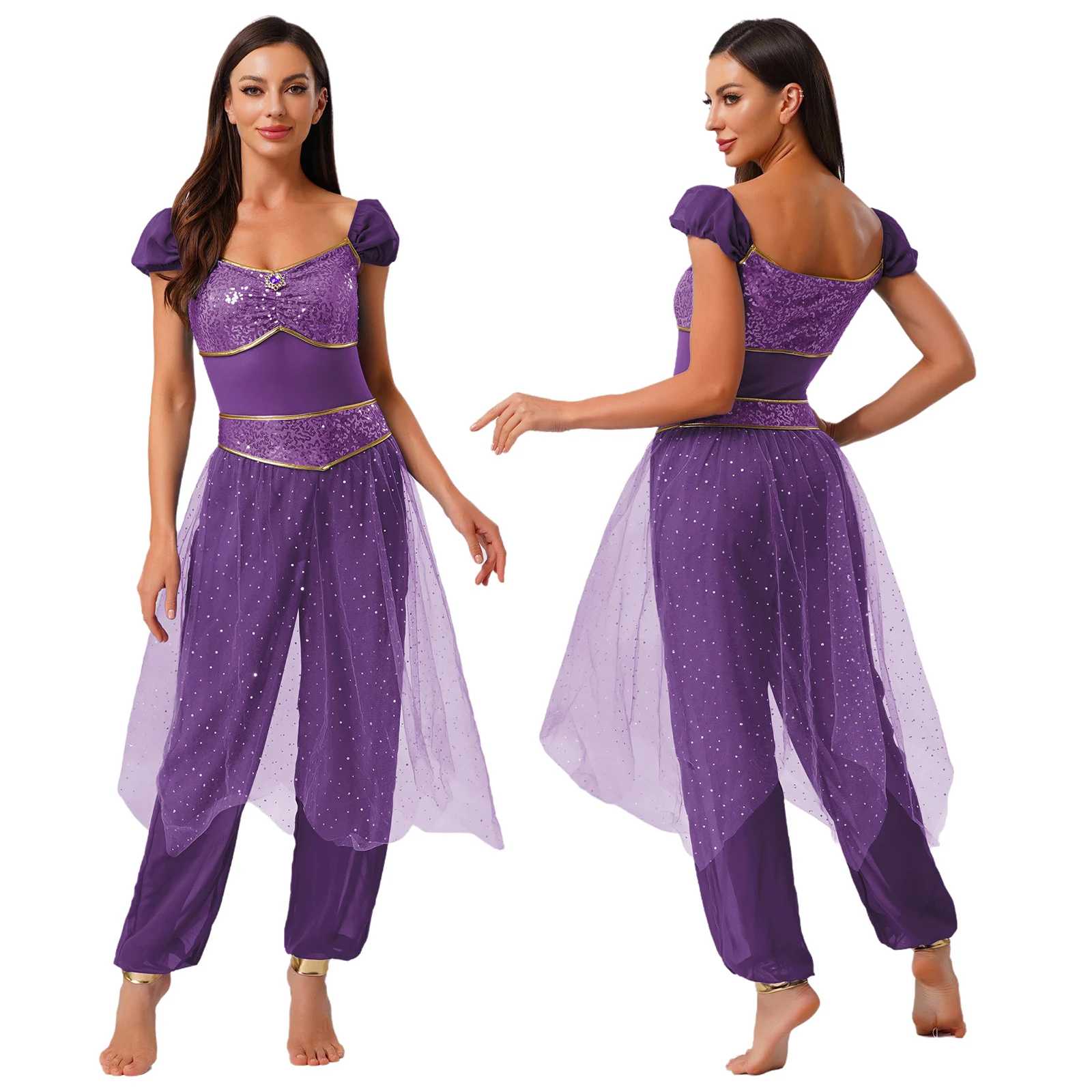 女性アラビアプリンセスコスチュームベリーダンスジャンプスーツ宝石スパンコールシアーチュールロンパースハロウィン仮装ボールパーティー用
