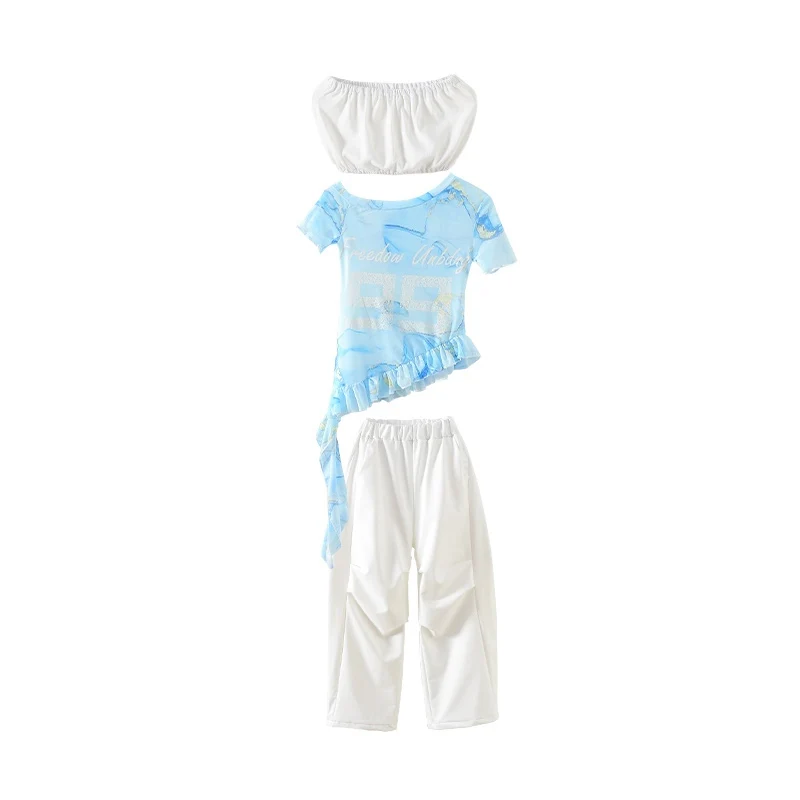 2025 meninas roupas hip hop jazz dança traje azul topos calças brancas kpop rua dança mostrar roupas concerto palco wear bl16310