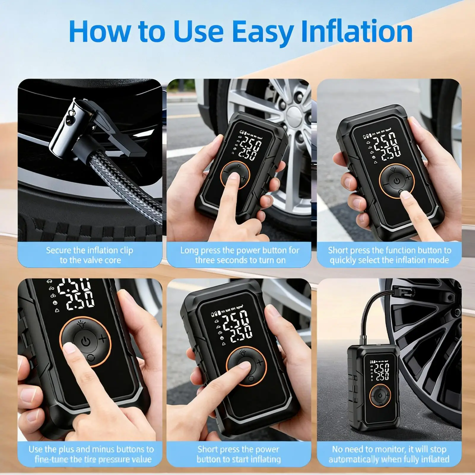 Portable Tire Inflator For Car LED Light Smart Electric Auto Shut Off Bike Pump Car Tire Inflator For Motorcycle SUV Truck RV