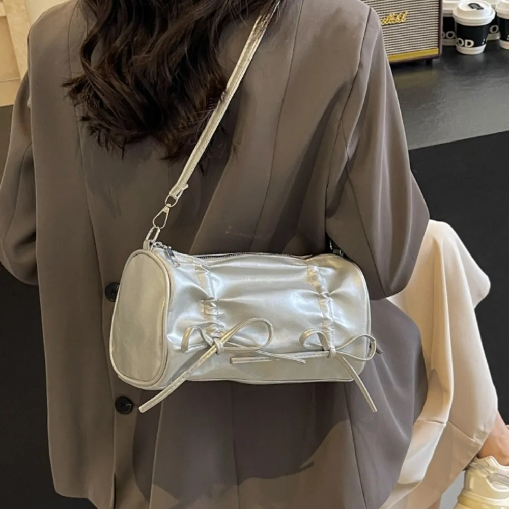 

Простая плиссированная сумка с бантом в корейском стиле, балетная сумка с галстуком-бабочкой, сумка для покупок, сумка-цилиндр, женская сумка из искусственной кожи под мышками