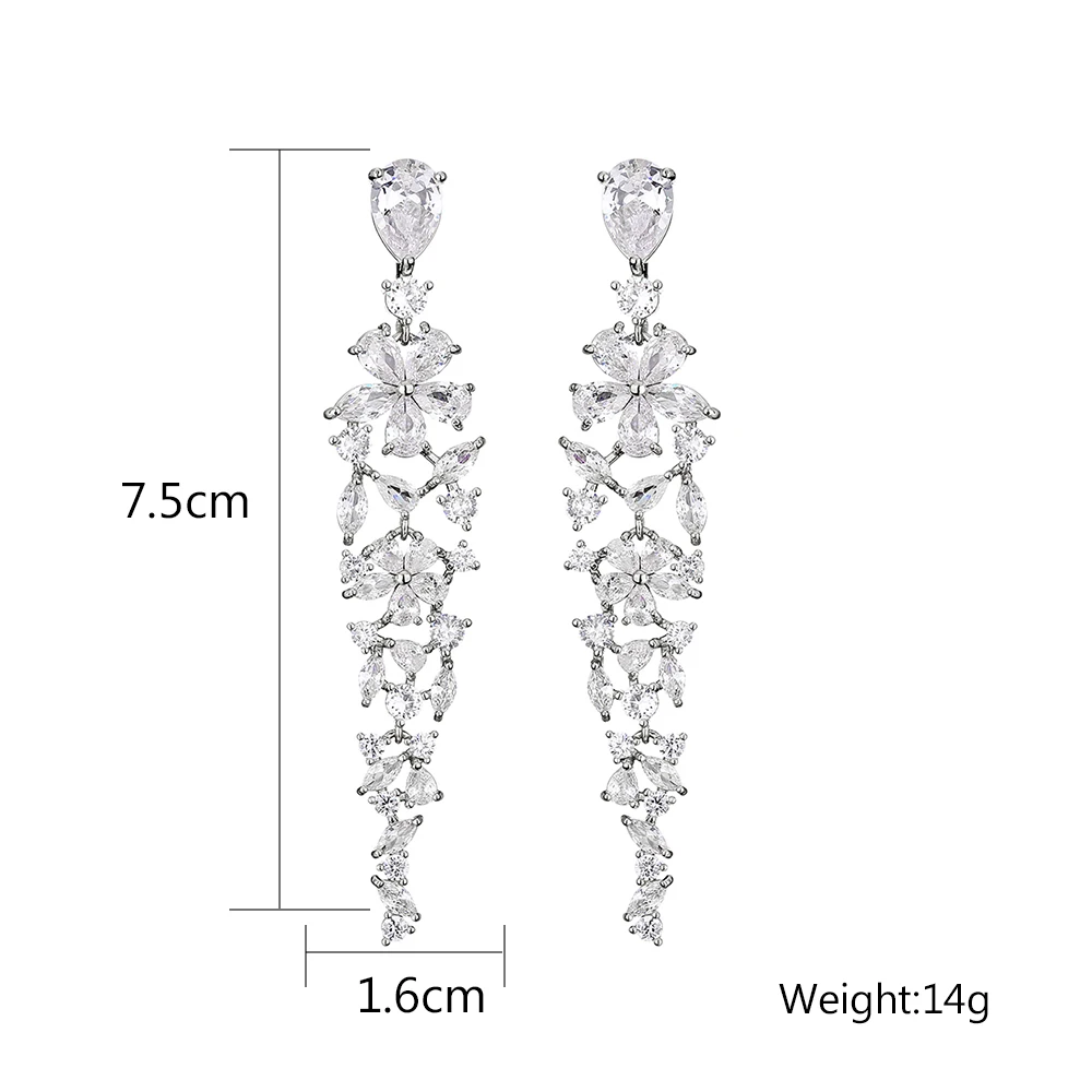 ZAKOL Luxury Elegant Bridal Wedding Jewelry Shiny Cubic Zirconia Long Flower Drop Earrings For Women Party Gift EP1063