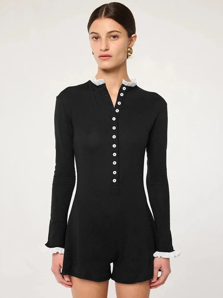

Autumn Long Sleeve Sexy Playsuit For Women Rompers Fashion Ruffle Collar Single-breasted Skinny Playsuits Female