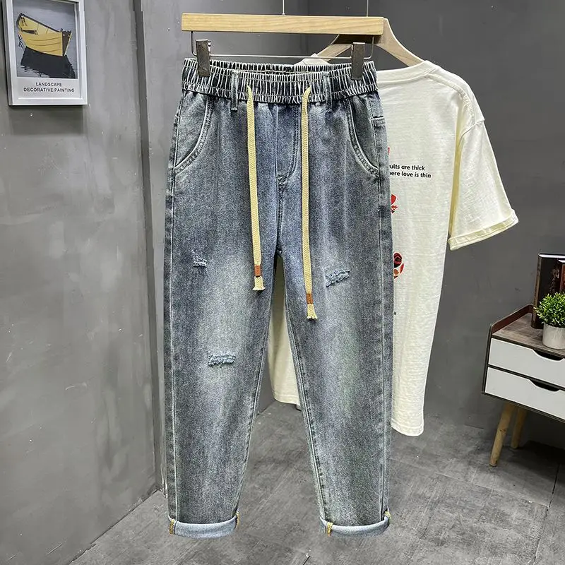 

Spring Summer Thin Elastic Waist Jeans Loose Small Feet Trendy Men's Ripped Drawstring Harlan Pants Casual Elastic Trousers
