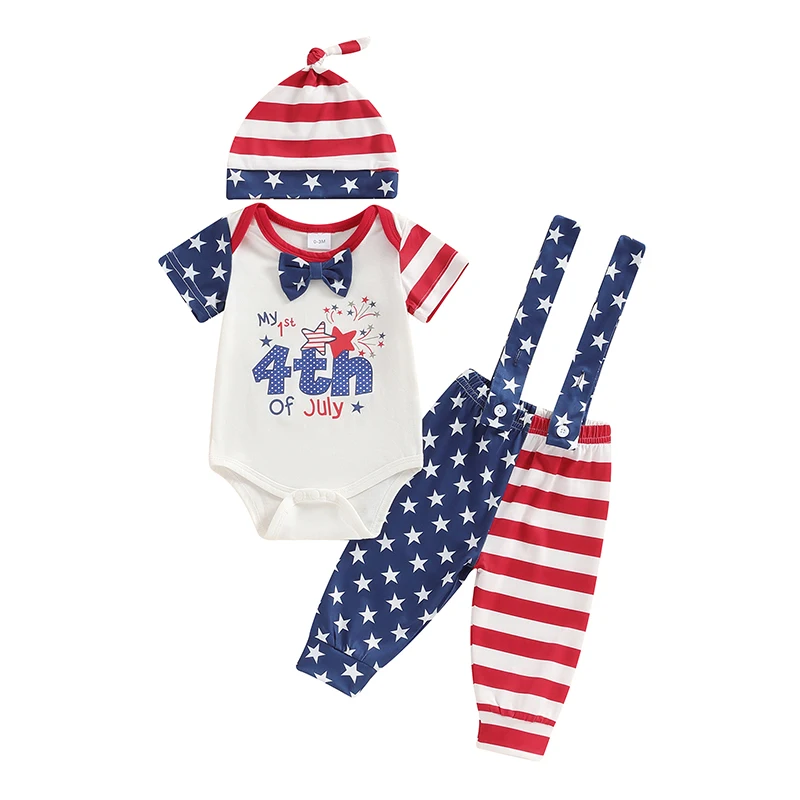 

My First 4th of July Outfit Baby Boy Fourth of July Romper American Flag Overall Pants Knot Hat Clothes Set